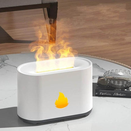 Simulation Flame Aromatherapy Diffuser 200ml For Home Ambiance on a marble table emitting warm flame-like light and mist