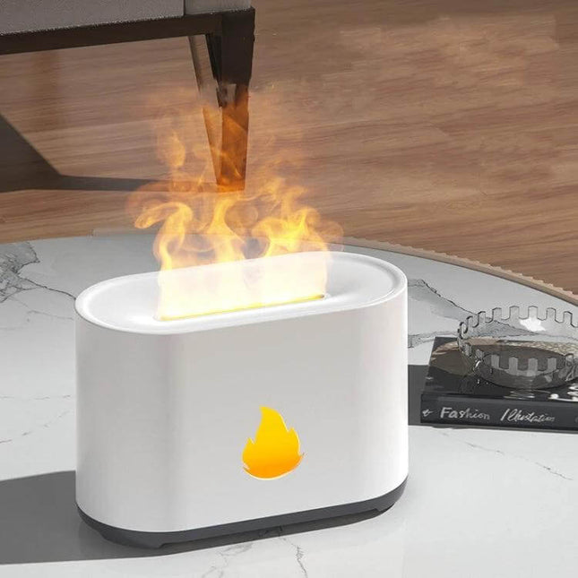 Simulation Flame Aromatherapy Diffuser 200ml For Home Ambiance on a marble table emitting warm flame-like light and mist