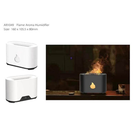 Simulation Flame Aromatherapy Diffuser 200ml For Home Ambiance black unit showing simulated flame mist on a table, white variants displayed