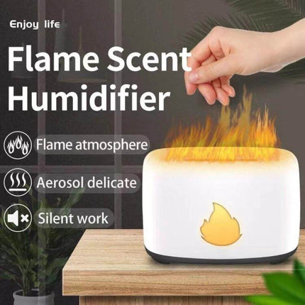 Simulation Flame Aromatherapy Diffuser 200ml For Home Ambiance on a wooden table showing realistic flame effect and quiet mist for bedroom or desk use