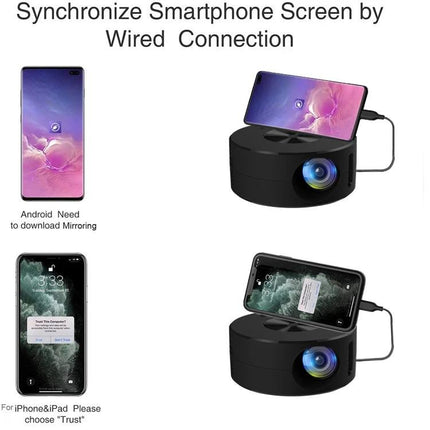 Compact Portable LED Mini Projector for Home Entertainment and Learning projecting smartphone screen via wired connection for movies, games, and lessons