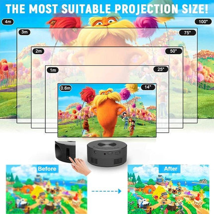Compact Portable LED Mini Projector for Home Entertainment and Learning displaying multiple screen sizes up to 100" from 4m for movies, gaming, and classroom use