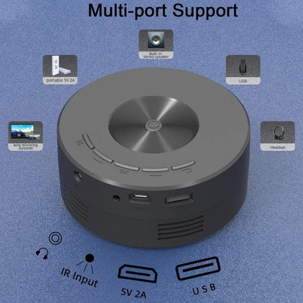 Compact Portable LED Mini Projector for Home Entertainment and Learning, compact round projector showing multi-port support including USB, 5V 2A, IR input