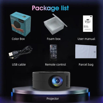 Compact Portable LED Mini Projector for Home Entertainment and Learning showing projector, color box, foam box, USB cable, remote, manual and parcel bag