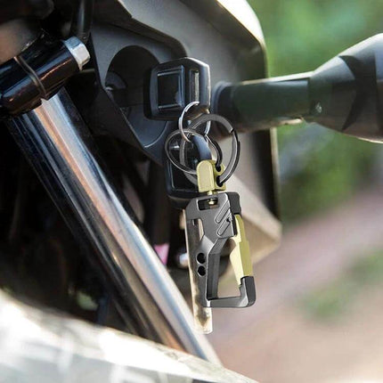 Keychain Carabiner With Bottle Opener Double Ring Design attached to motorcycle keys, zinc alloy compact EDC bottle opener and key organizer