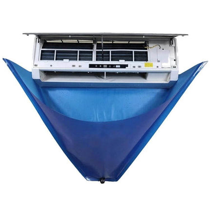 Air Conditioner Cleaning Bag For Hanging Units 1-1.5P blue PVC protective cleaning bag installed under hanging AC unit collecting runoff