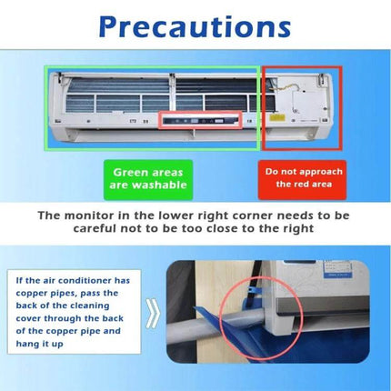 Air Conditioner Cleaning Bag For Hanging Units 1-1.5P protective PVC cover showing washable green areas and red no-approach zone during maintenance