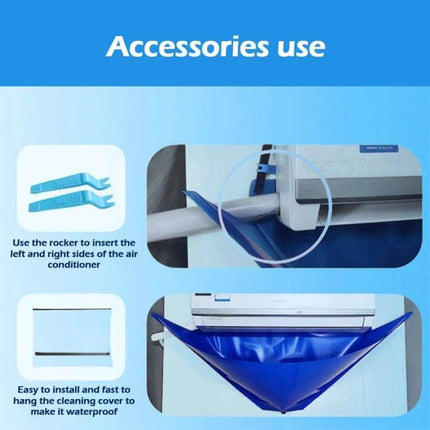 Air Conditioner Cleaning Bag For Hanging Units 1-1.5P shown installed under hanging AC collecting water and protecting wall and floor