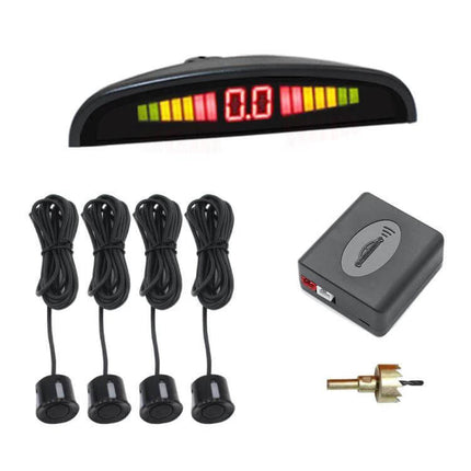 Rear Parking Assistance System with Buzzer and Visual Display showing LED distance meter, four ultrasonic sensors, control box and drill bit