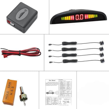 Rear Parking Assistance System with Buzzer and Visual Display - 4-sensor kit with buzzer control box, LED visual display, wiring and drill bit