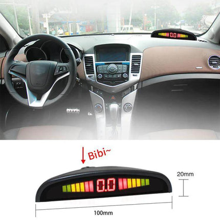 Rear Parking Assistance System with Buzzer and Visual Display mounted on car dashboard showing LED distance bars and numeric readout