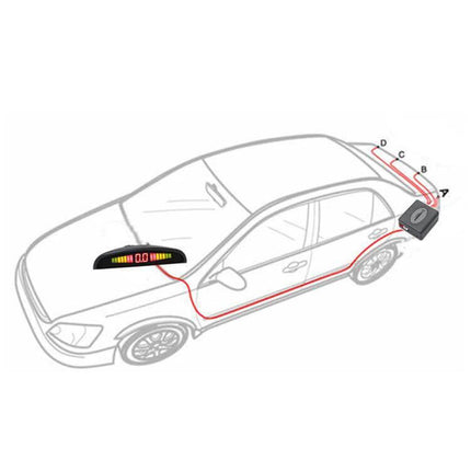 Rear Parking Assistance System with Buzzer and Visual Display showing four sensors mounted at rear, control box and dashboard visual distance display