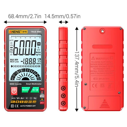 ANENG Automatic Digital Multimeter for Electrical Testing compact red handheld meter with display, probes, and dimensions shown