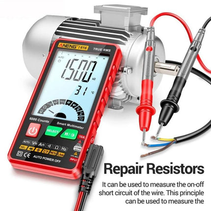 ANENG Automatic Digital Multimeter for Electrical Testing showing probes measuring motor wiring and resistance