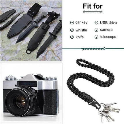 Red Outdoor Paratrooper Rope Lanyard, 56cm Multifunctional - red braided nylon lanyard with metal eagle hook holding keys and shown with camera and outdoor gear