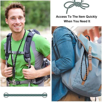 Red Outdoor Paratrooper Rope Lanyard, 56cm Multifunctional shown attached to backpack and worn by outdoor hiker for secure gear access