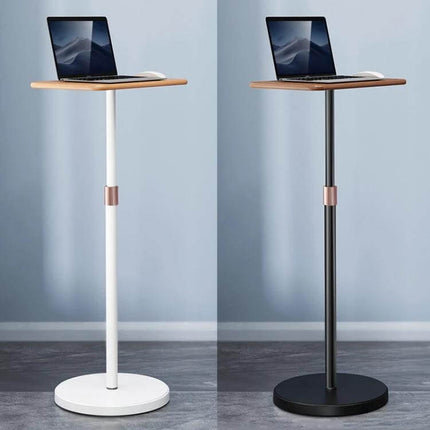SSKY Adjustable Height Laptop Stand for Standing Workspaces showing two color options (white and black) with laptop on adjustable 70–120 cm platform