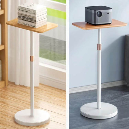 SSKY Adjustable Height Laptop Stand for Standing Workspaces showing adjustable white-and-wood side table at sitting and standing heights