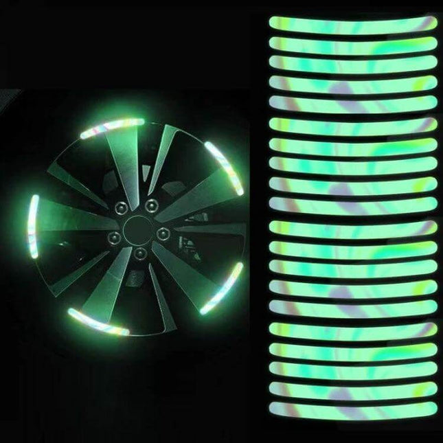 Luminous Reflective Stickers for Car Wheels, Rainbow, 20-Piece Set - glowing rainbow wheel rim safety decals for night visibility