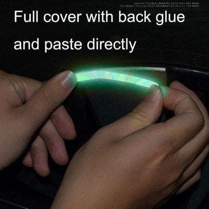 Luminous Reflective Stickers for Car Wheels, Rainbow, 20-Piece Set - hands applying glowing rainbow wheel tape for nighttime visibility