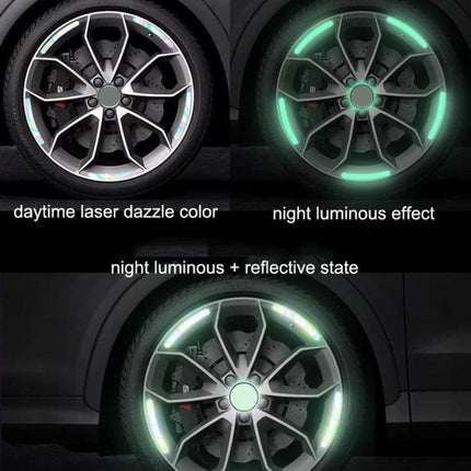 Luminous Reflective Stickers for Car Wheels, Rainbow, 20-Piece Set - rainbow luminous wheel stickers showing daytime reflective and night glow for safety