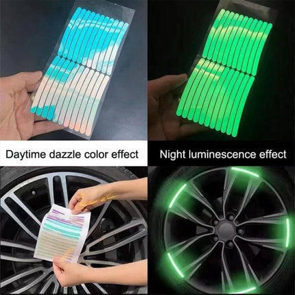 Luminous Reflective Stickers for Car Wheels, Rainbow, 20-Piece Set - rainbow glow wheel safety decals showing daytime color and night luminescence