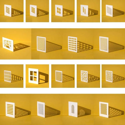 Light Shadow Board for Still Life and Portrait Photography showing multiple patterned boards casting defined shadows on a yellow backdrop