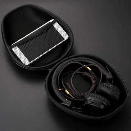 Compact Headphone Carrying Pouch With Organizer Pocket For Commuting showing vintage pear-shaped case with headphones