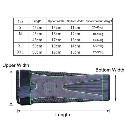Nylon Knitted Riding Knee Pads Extended For All Day Comfort Size M showing measurements, upper and bottom width, length and size chart