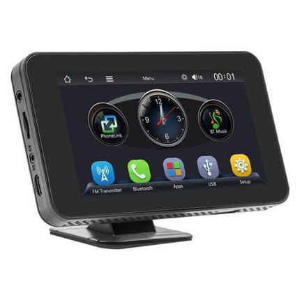 Wireless Adapter for CarPlay and Android Auto Projection mounted dashboard display showing PhoneLink, BT Music and navigation icons