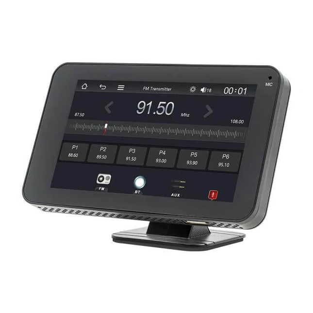 Wireless Adapter for CarPlay and Android Auto Projection black dashboard wireless car display showing FM 91.50 and media controls
