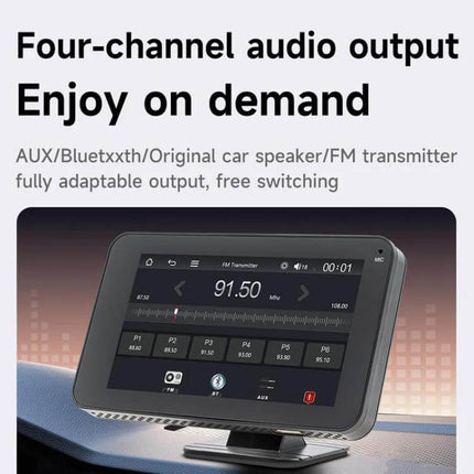 Wireless Adapter for CarPlay and Android Auto Projection on car dashboard showing four-channel audio output and FM transmitter display
