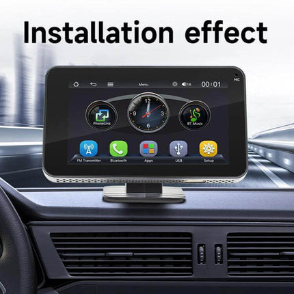 Wireless Adapter for CarPlay and Android Auto Projection showing installation effect on car dashboard with navigation and music icons
