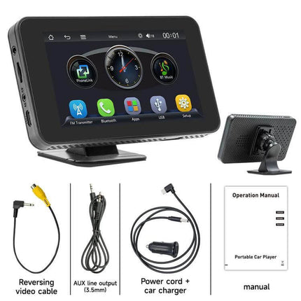 Wireless Adapter for CarPlay and Android Auto Projection - compact dashboard module with cables, car charger and manual for wireless smartphone mirroring