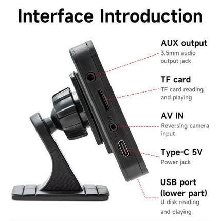 Wireless Adapter for CarPlay and Android Auto Projection showing side ports: AUX, TF card, AV IN, Type-C 5V, and USB on car mount
