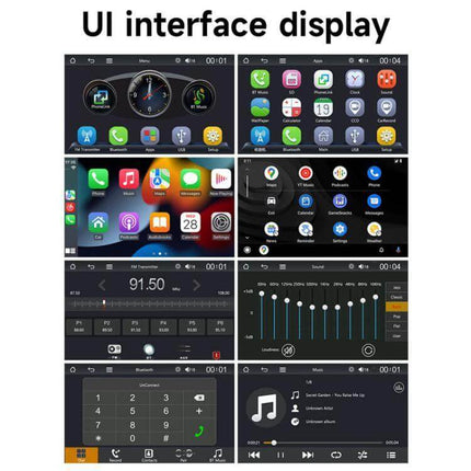 Wireless Adapter for CarPlay and Android Auto Projection showing car infotainment UI screens for navigation, music, calls and settings