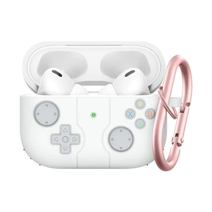 Essential Silicone Cover for Everyday AirPods Protection white gaming controller design with rose gold carabiner