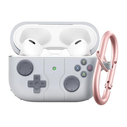 Essential Silicone Cover for Everyday AirPods Protection — White gaming controller style case with rose gold carabiner