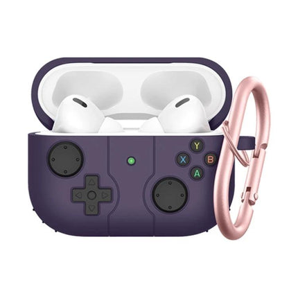 Essential Silicone Cover for Everyday AirPods Protection in purple with gamepad design and rose gold carabiner, showing AirPods Pro 3 inside