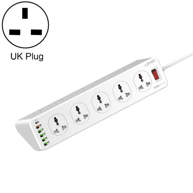LDNIO Multifunctional Charging Socket for Home, Office, and Travel with four AC sockets and five USB ports, UK plug, compact white design