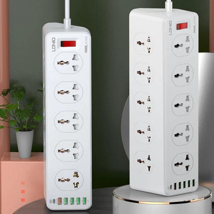 LDNIO Multifunctional Charging Socket for Home, Office, and Travel white multi-outlet power strip with USB ports shown on desk
