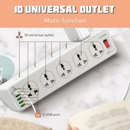 LDNIO Multifunctional Charging Socket for Home, Office, and Travel showing 10 universal outlets and 6 USB ports in compact power strip
