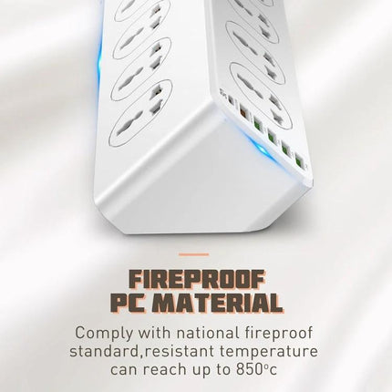 LDNIO Multifunctional Charging Socket for Home, Office, and Travel showing white multi-outlet tower with USB ports and fireproof PC material label