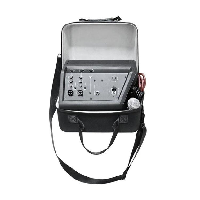 Protective Portable Speaker Carry Case With Ergonomic Handle open showing speaker, cables, microphone and adjustable shoulder strap