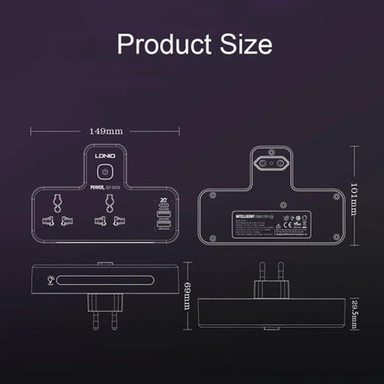 LDNIO Multifunctional Home Charging Socket with Night Light technical diagram showing dimensions and port layout