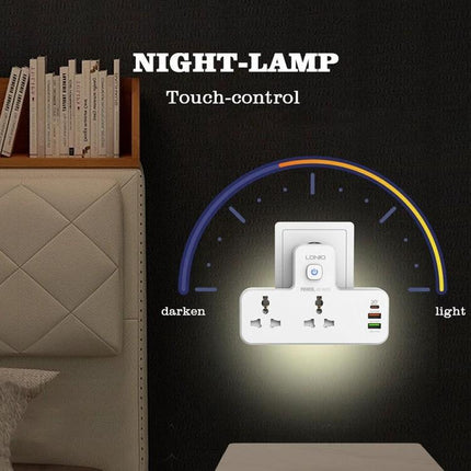 LDNIO Multifunctional Home Charging Socket with Night Light glowing on bedroom wall demonstrating touch-control night lamp and multiple device charging