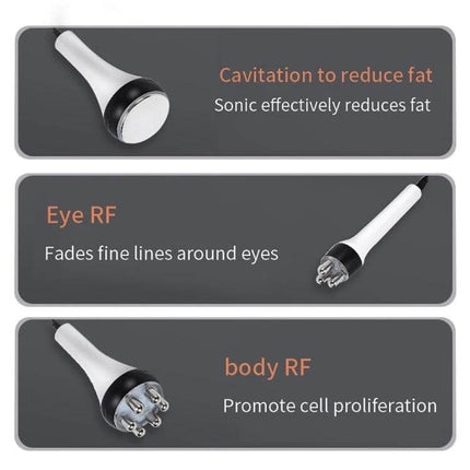 3 In 1 Ultrasonic Cavitation Body Slimming Device US Plug handheld heads showing cavitation, eye RF and body RF functions for home body contouring