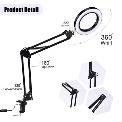 Versatile Clip Magnifying Lamp for Home Reading and Crafts showing adjustable arm, 5x 105mm lens, 360° head and clamp base for desk use