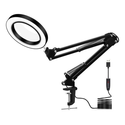 Versatile Clip Magnifying Lamp for Home Reading and Crafts, 5x 105mm lens on adjustable clamp arm with LED ring light and USB power
