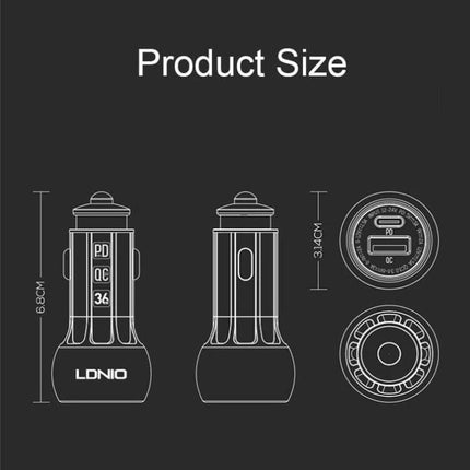Car USB-C Charger For Phones And Tablets In-Car Use - aluminum alloy PD Type-C car charger with PD and QC ports, reinforced clips, anti-slip design, 6.8cm x 3.14cm schematic